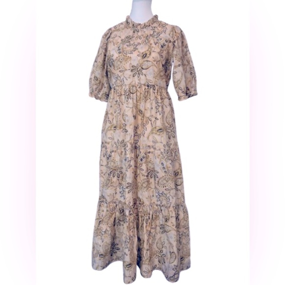 100% Cotton Peach Tan Khaki Floral Tiered Maxi Dress Boho Cottagecore Ruffled SM